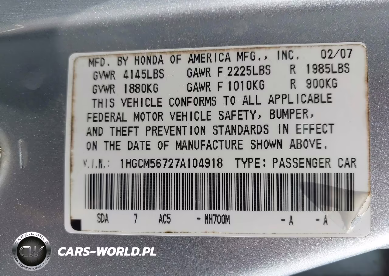 2007 Honda Accord 2.4 Ex VIN:1HGCM56727A104918 - 9