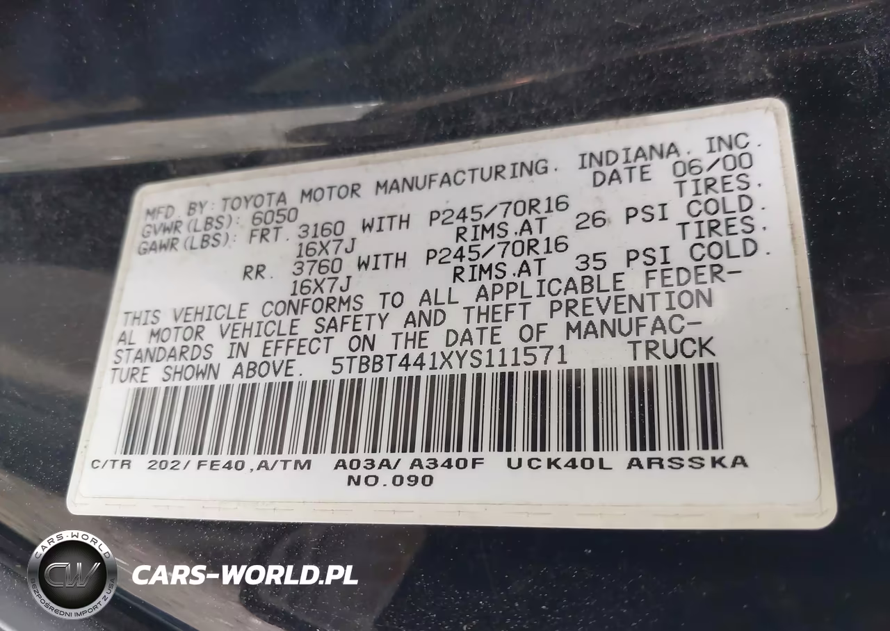 2000 Toyota Tundra Sr5 V8 VIN:5TBBT441XYS111571 - 9