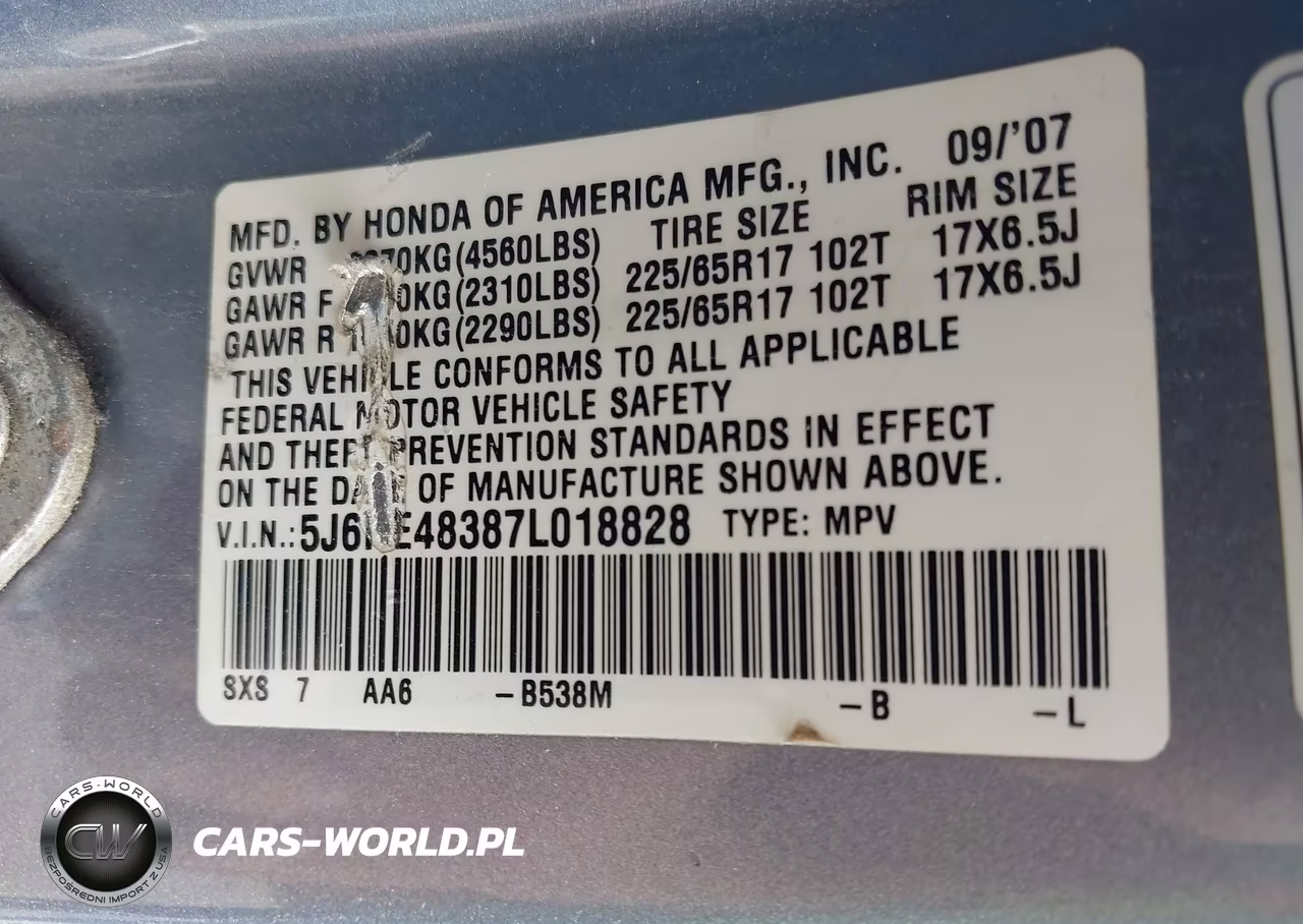 2007 Honda Cr-V Lx VIN:5J6RE48387L018828 - 9