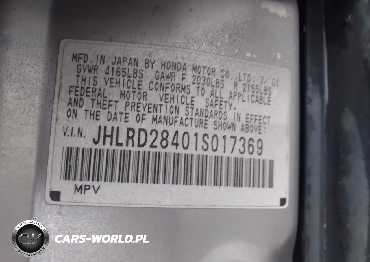 2001 Honda Cr-V Lx VIN:JHLRD28401S017369 - 9