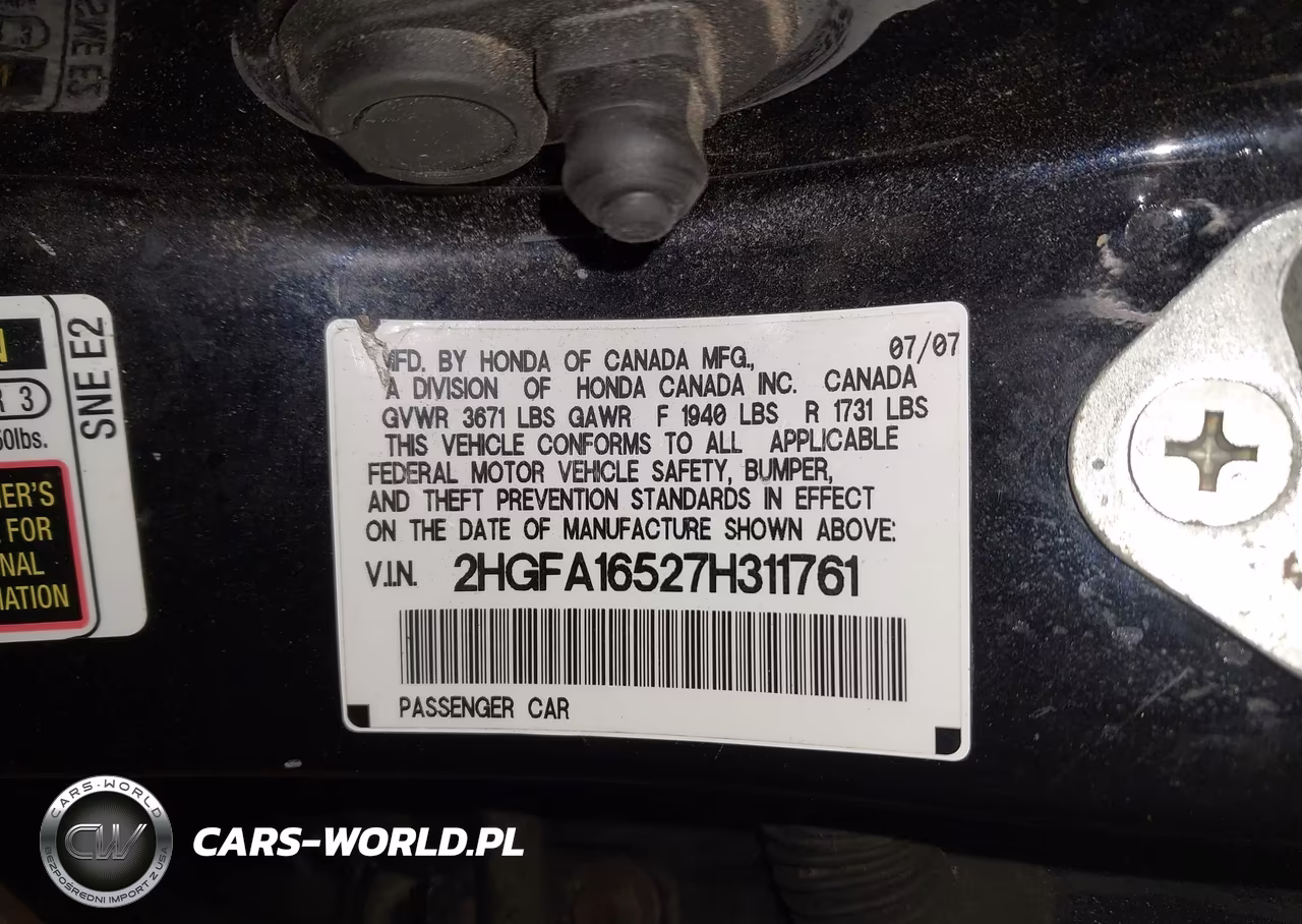 2007 Honda Civic Lx VIN:2HGFA16527H311761 - 9
