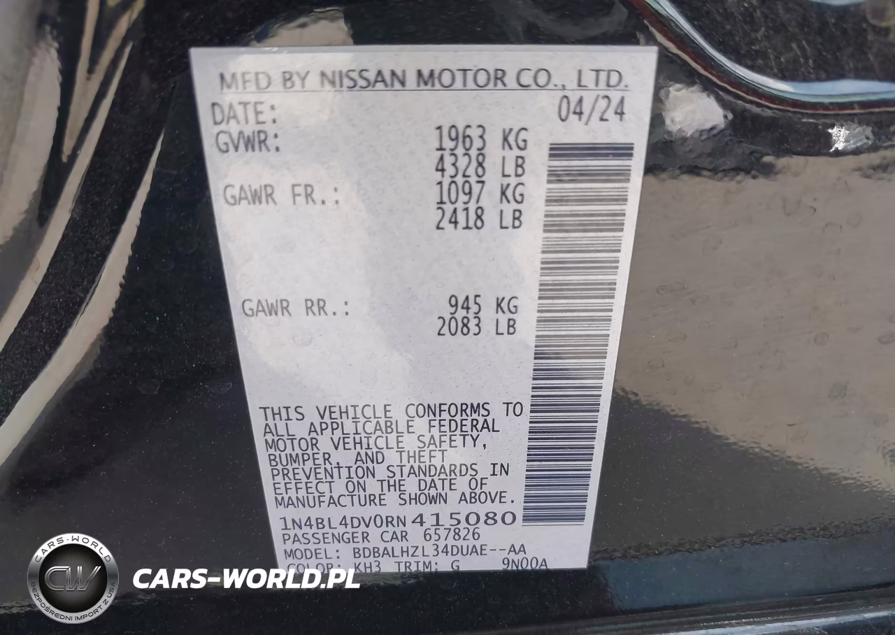 2024 Nissan Altima Sv Fwd VIN:1N4BL4DV0RN415080 - 9