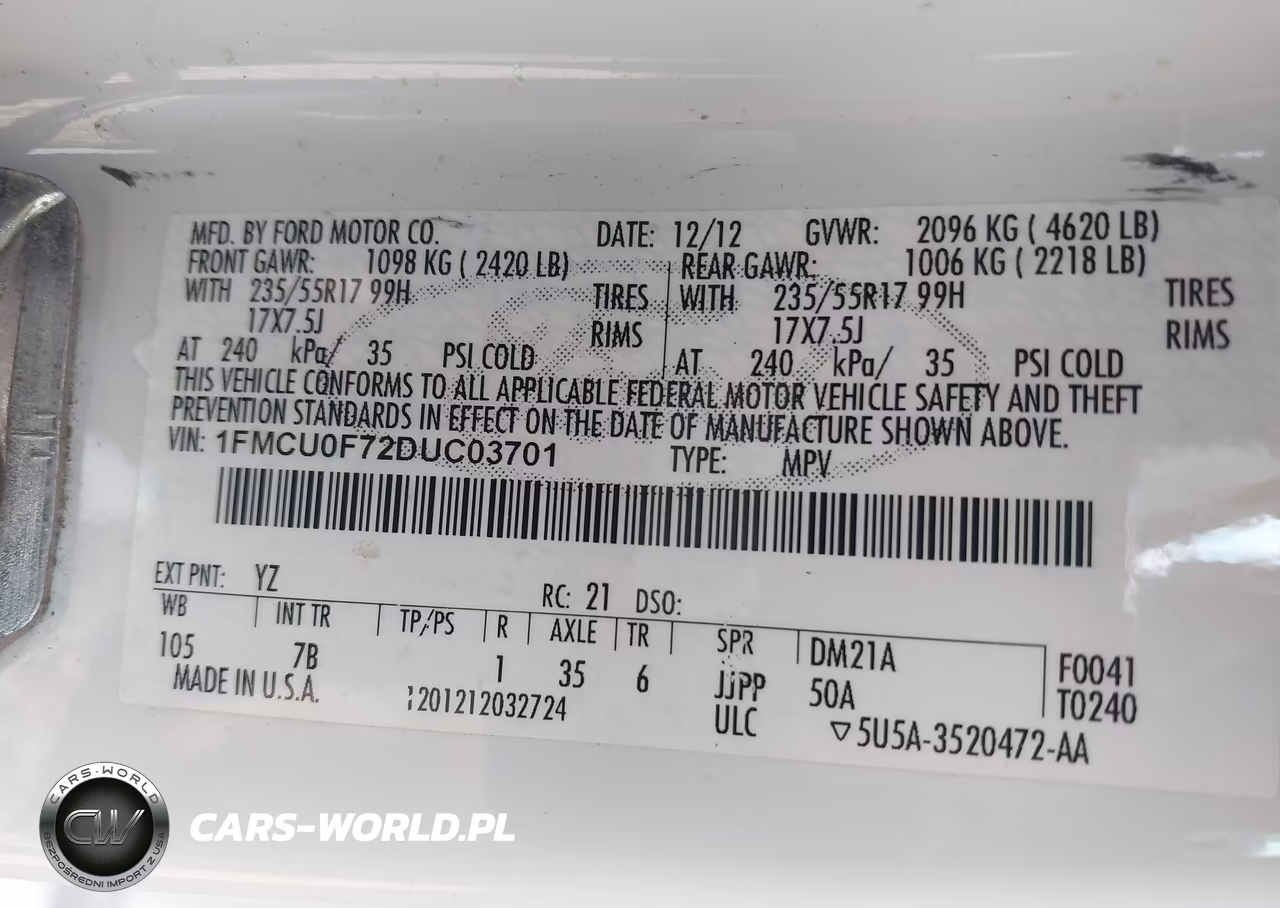 2013 Ford Escape S VIN:1FMCU0F72DUC03701 - 9
