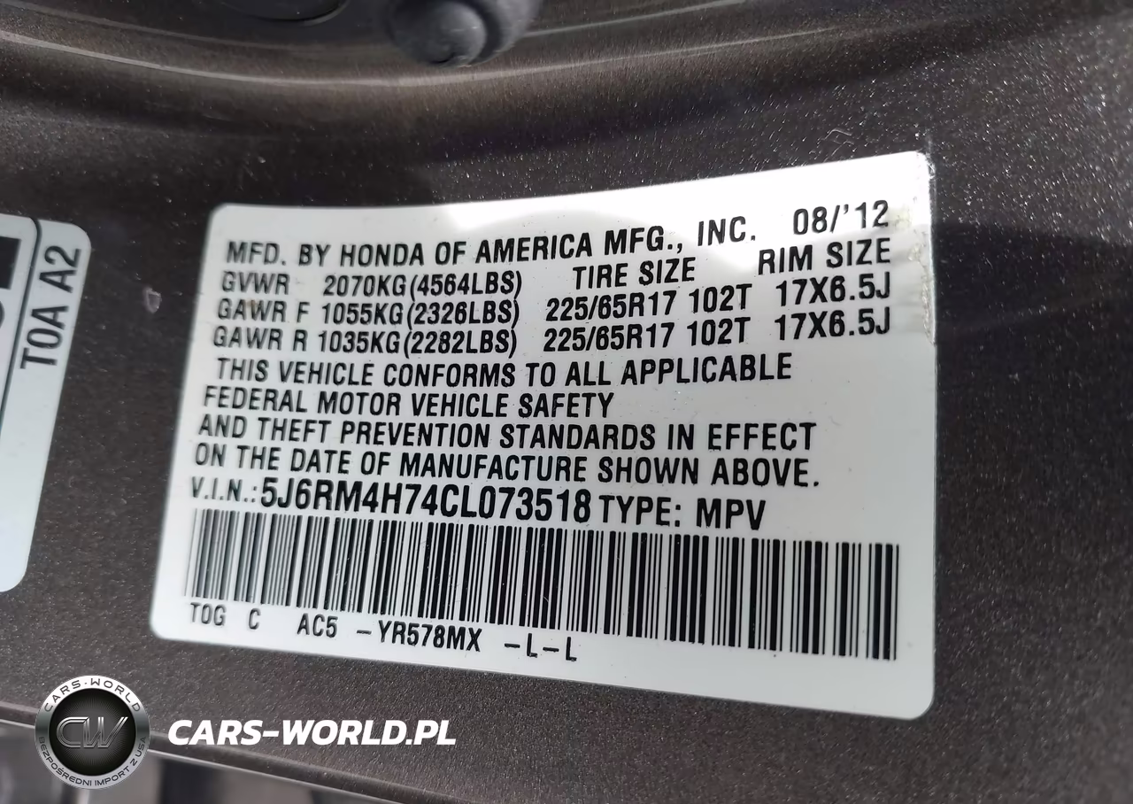 2012 Honda Cr-V Ex-L VIN:5J6RM4H74CL073518 - 9