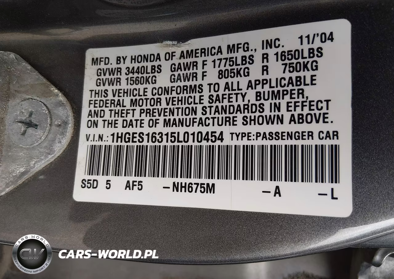 2005 Honda Civic Vp VIN:1HGES16315L010454 - 9