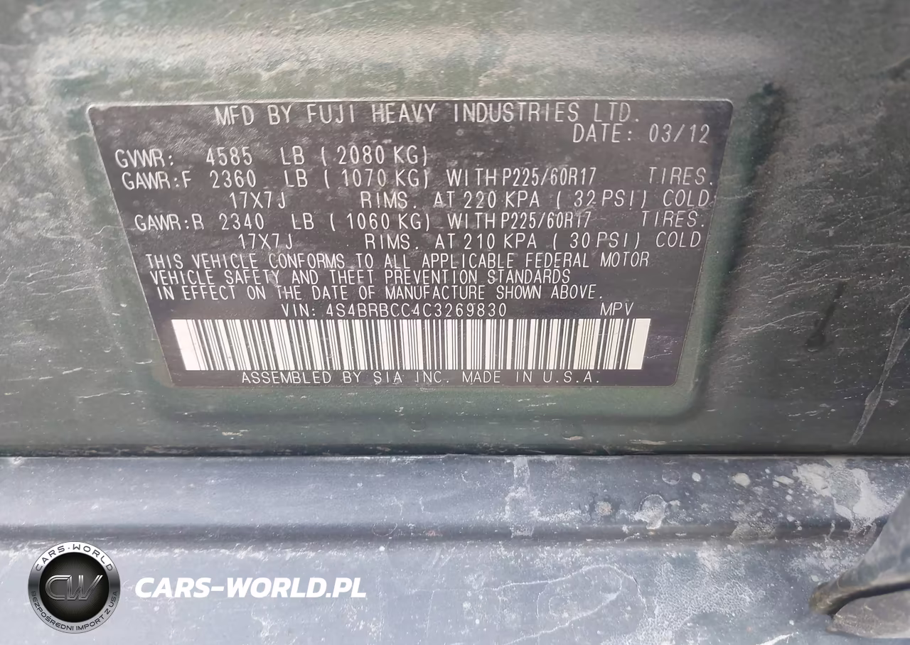 2012 Subaru Outback 2.5I Premium VIN:4S4BRBCC4C3269830 - 9