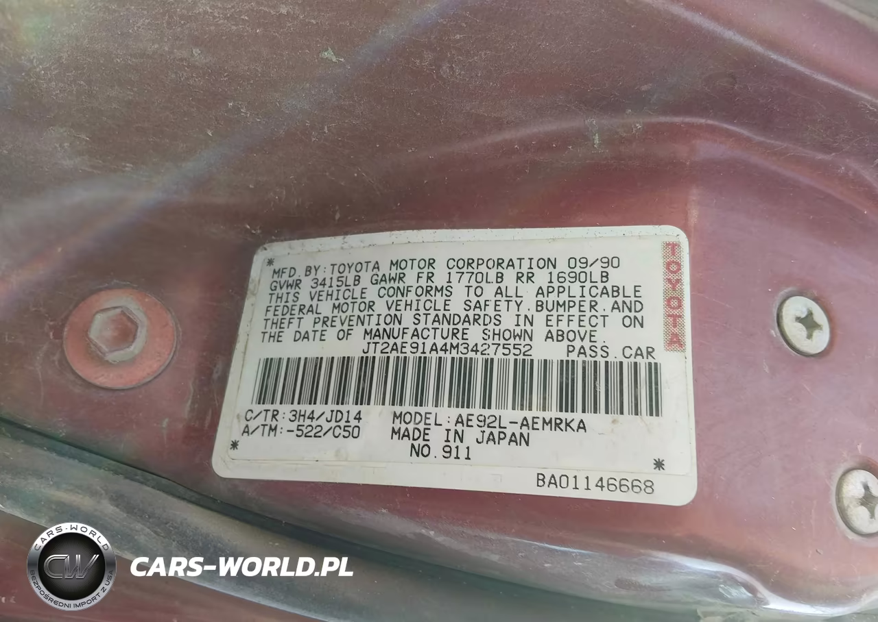 1991 Toyota Corolla VIN:JT2AE91A4M3427552 - 9