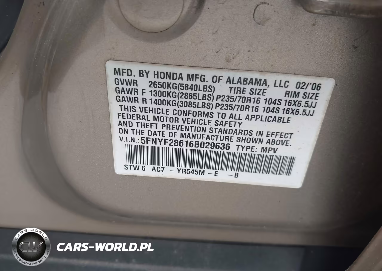 2006 Honda Pilot Ex-L VIN:5FNYF28616B029636 - 9