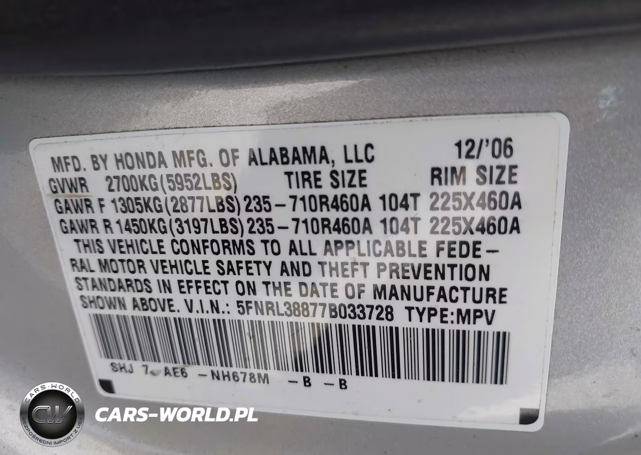2007 Honda Odyssey Touring VIN:5FNRL38877B033728 - 9