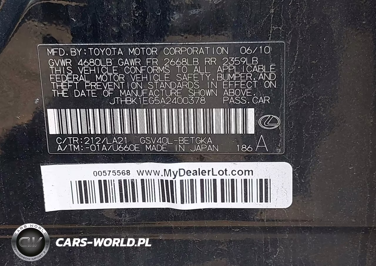 2010 Lexus Es 350 VIN:JTHBK1EG5A2400378 - 9