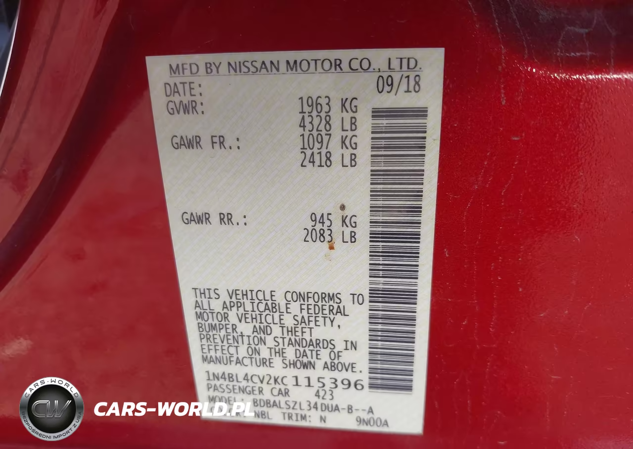 2019 Nissan Altima 2.5 Sr VIN:1N4BL4CV2KC115396 - 9