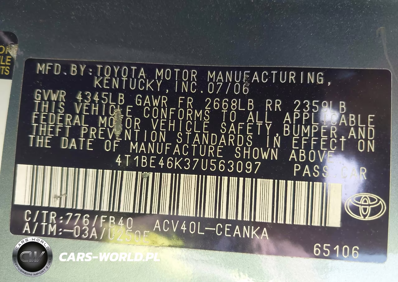 2007 Toyota Camry Le VIN:4T1BE46K37U563097 - 9