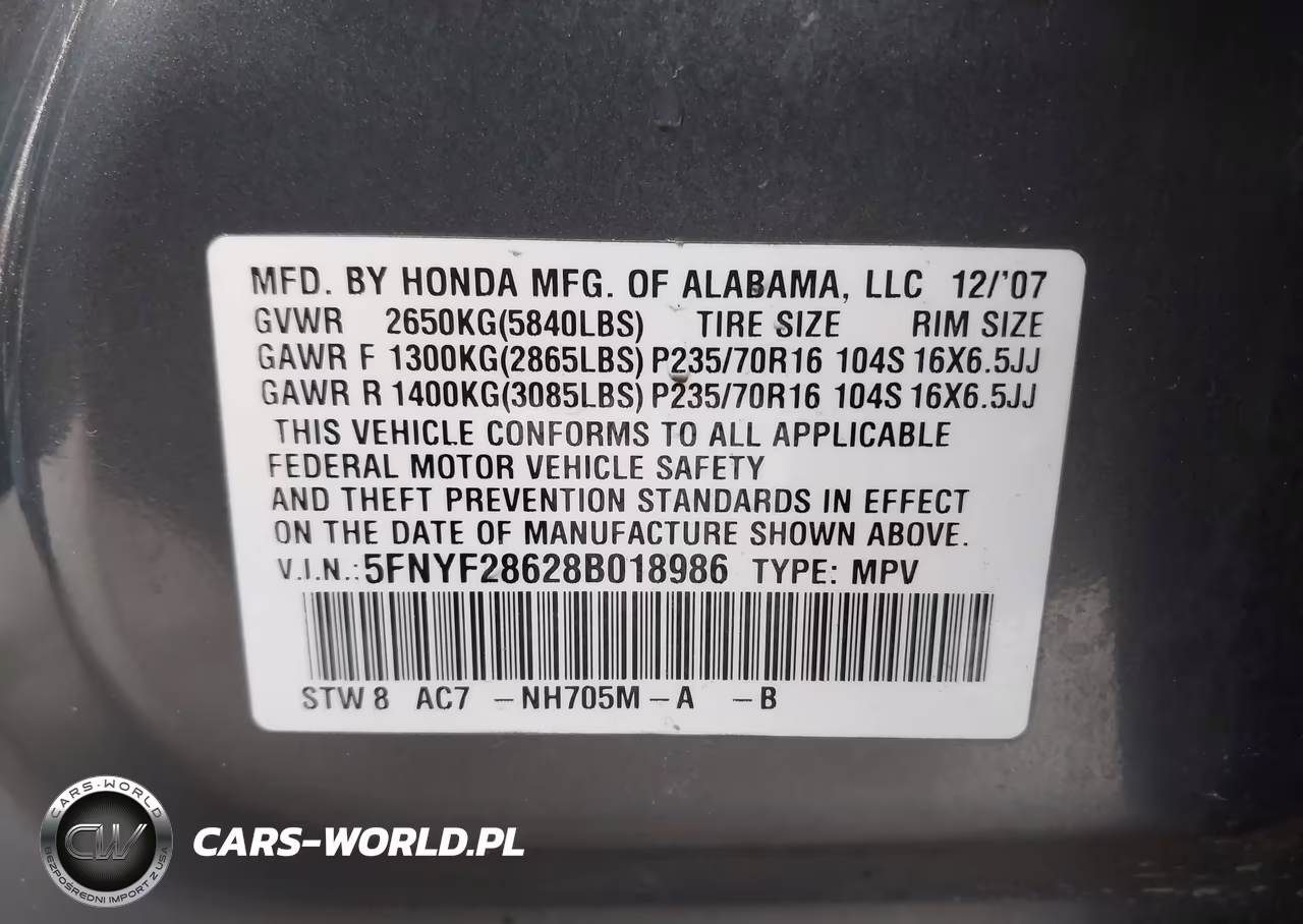 2008 Honda Pilot Ex-L VIN:5FNYF28628B018986 - 9
