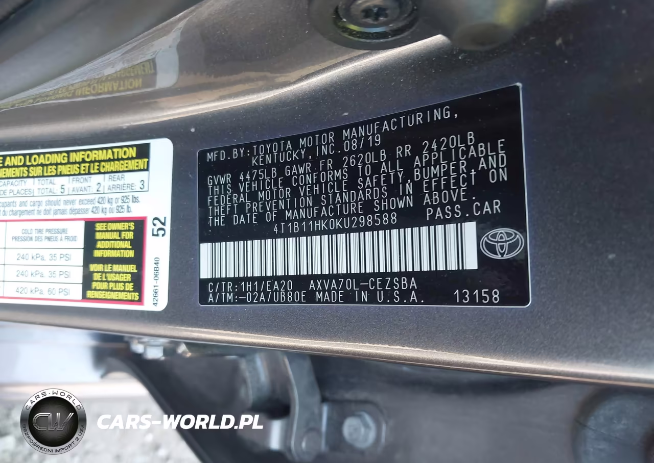 2019 Toyota Camry Se VIN:4T1B11HK0KU298588 - 9