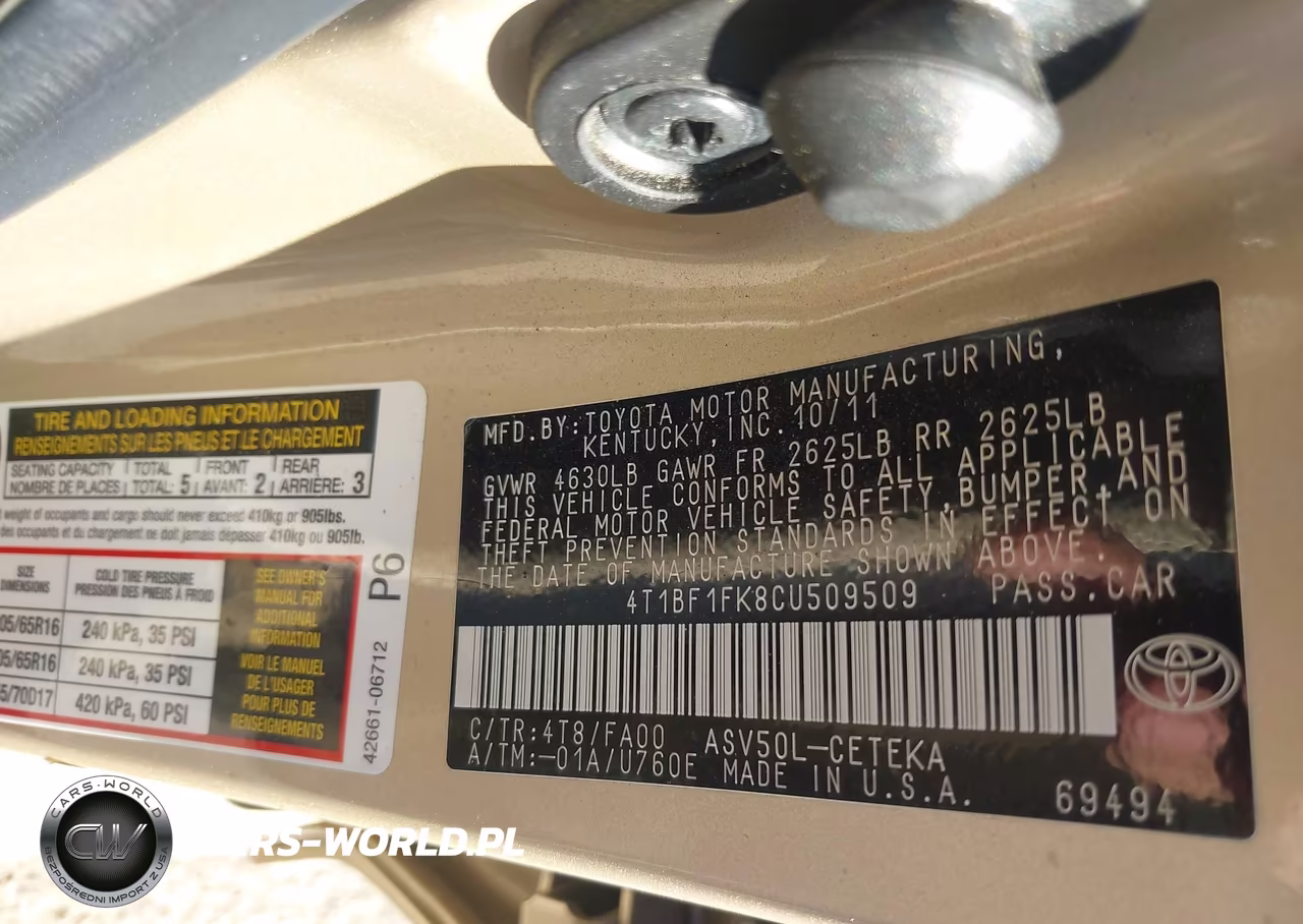 2012 Toyota Camry L VIN:4T1BF1FK8CU509509 - 9