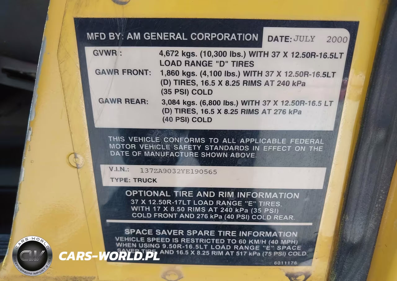 2000 Am General Hummer Open Top VIN:137ZA9032YE190565 - 8