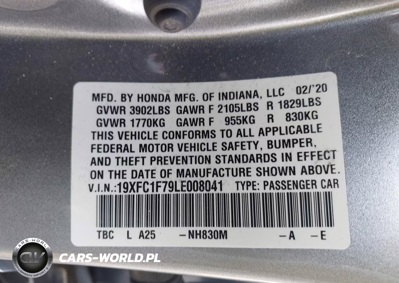 2020 Honda Civic Ex-L VIN:19XFC1F79LE008041 - 9