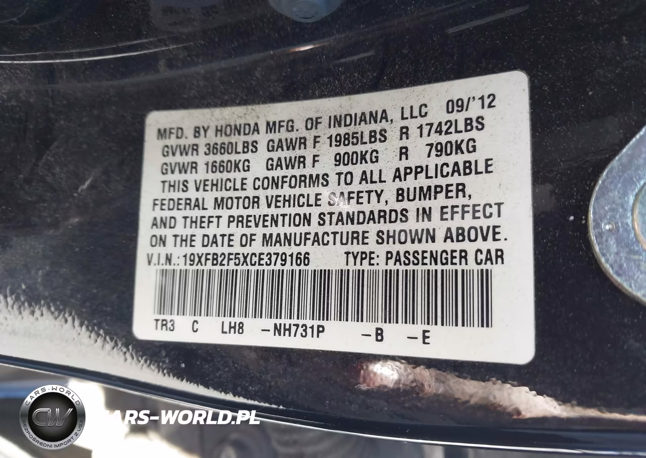 2012 Honda Civic Lx VIN:19XFB2F5XCE379166 - 9