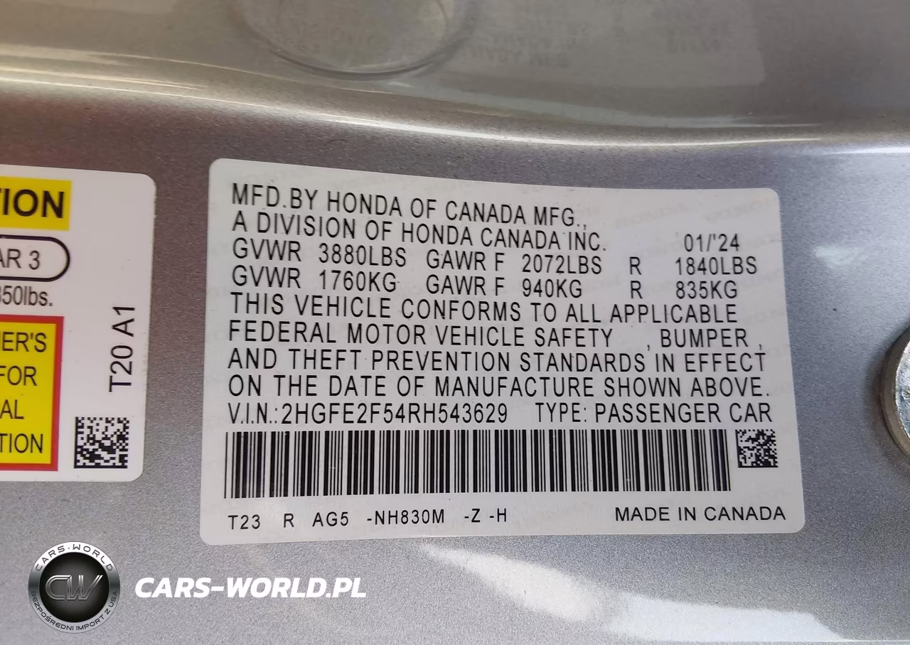 2024 Honda Civic Sport VIN:2HGFE2F54RH543629 - 9