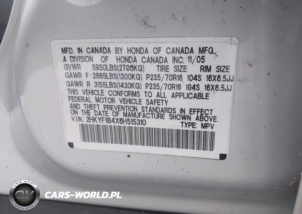 2006 Honda Pilot Ex VIN:2HKYF184X6H515310 - 9