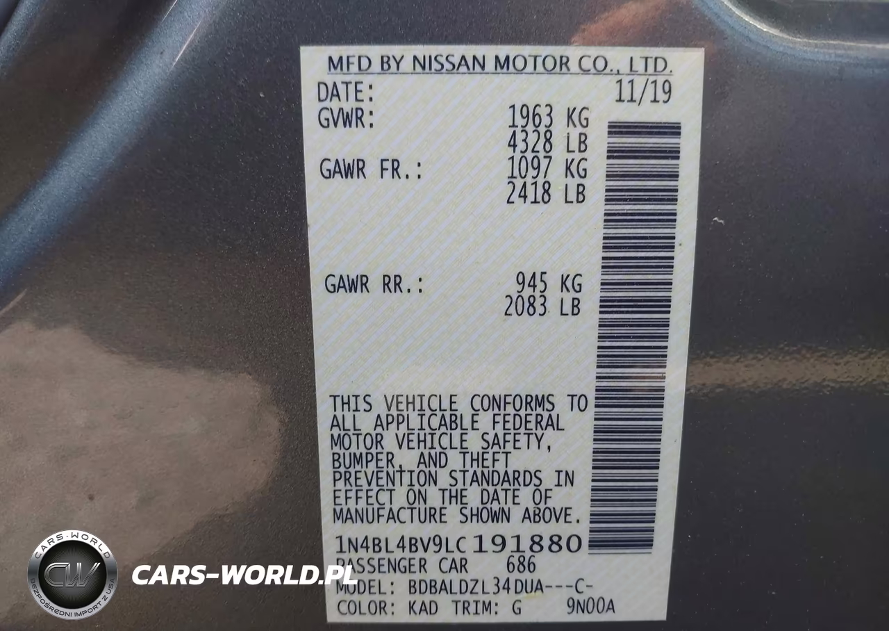 2020 Nissan Altima 2.5 S VIN:1N4BL4BV9LC191880 - 9