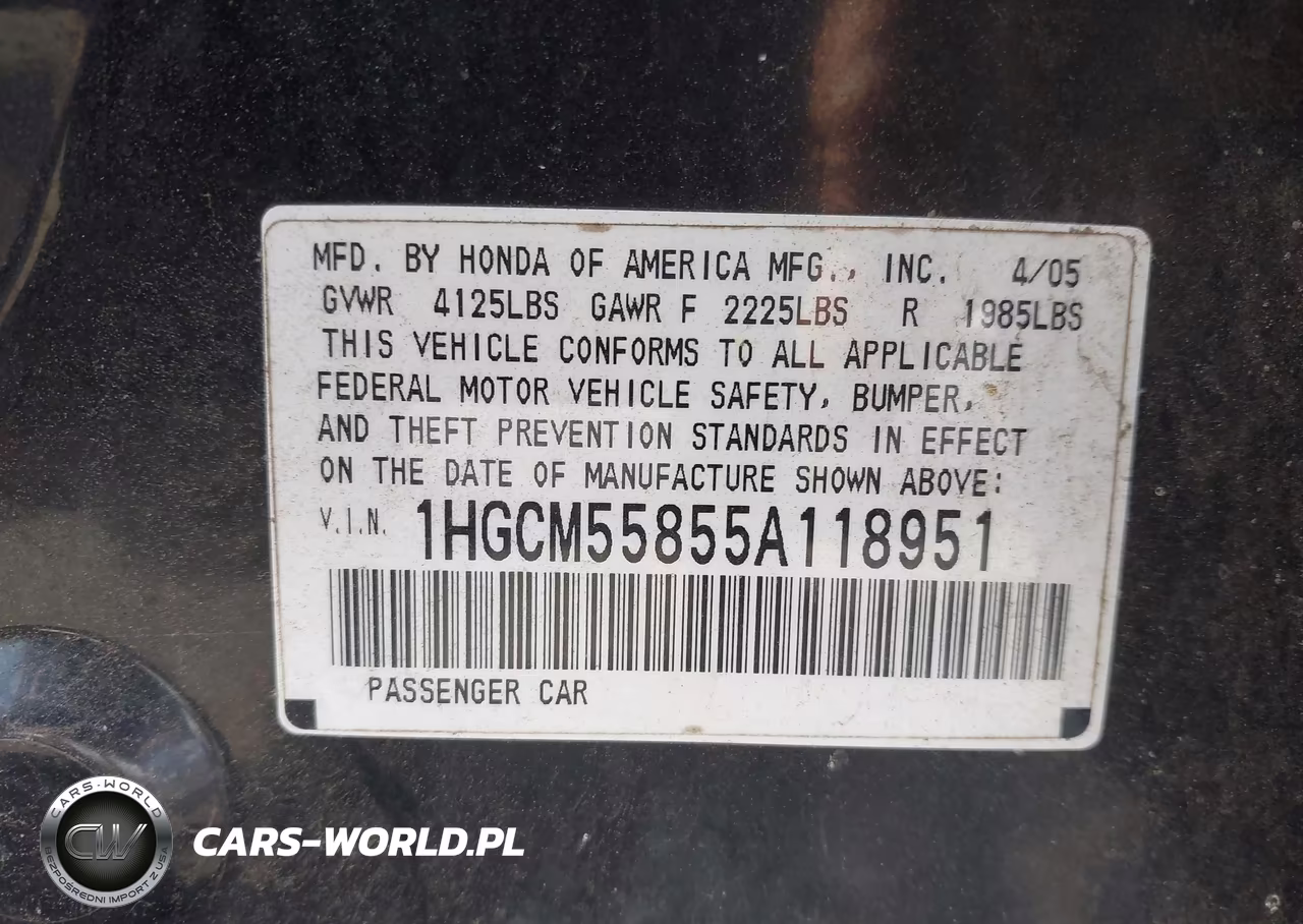 2005 Honda Accord 2.4 Ex VIN:1HGCM55855A118951 - 9