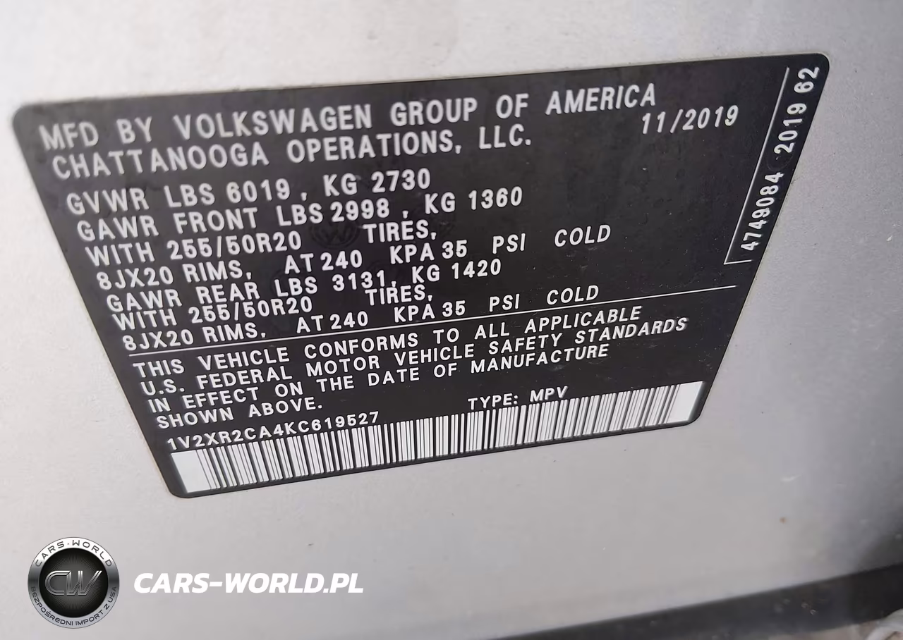 2019 Volkswagen Atlas 3.6L V6 Se W-Technology R-Line VIN:1V2XR2CA4KC619527 - 9