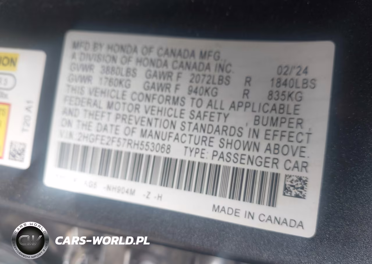 2024 Honda Civic Sport VIN:2HGFE2F57RH553068 - 9