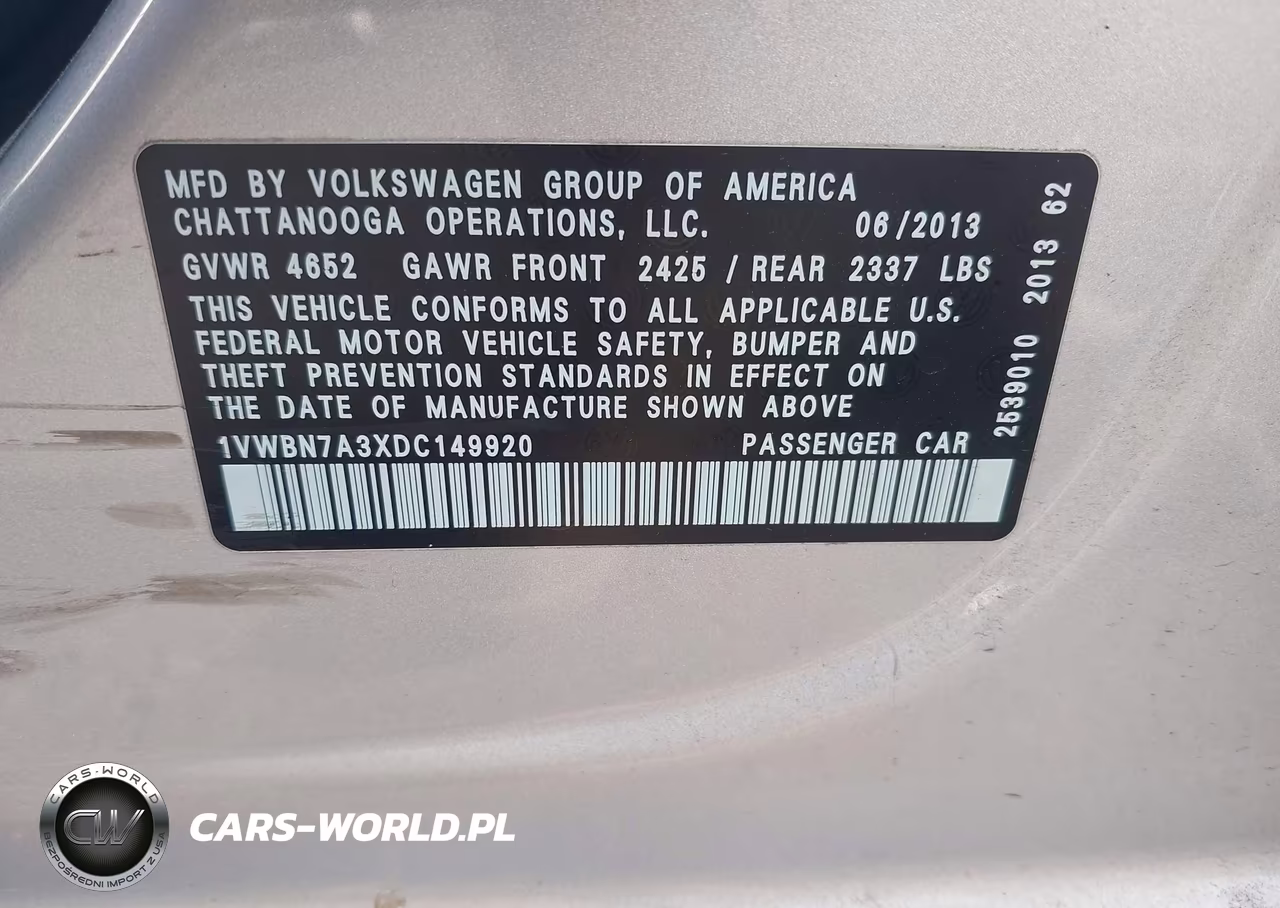 2013 Volkswagen Passat 2.0L Tdi Se VIN:1VWBN7A3XDC149920 - 9