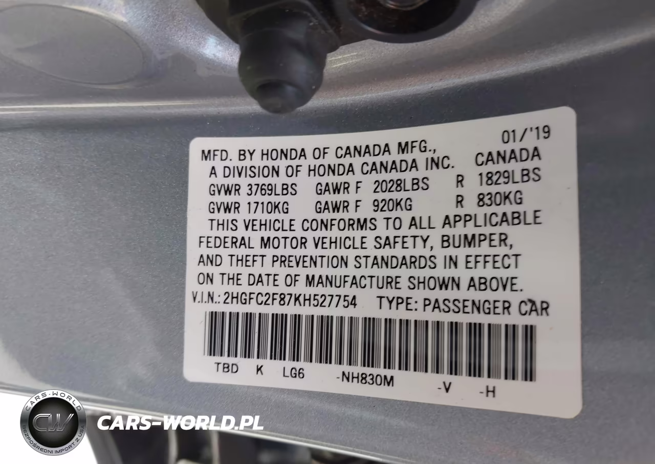 2019 Honda Civic Sport VIN:2HGFC2F87KH527754 - 9