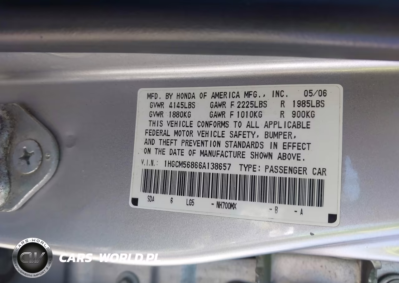 2006 Honda Accord 2.4 Ex VIN:1HGCM56866A138657 - 9