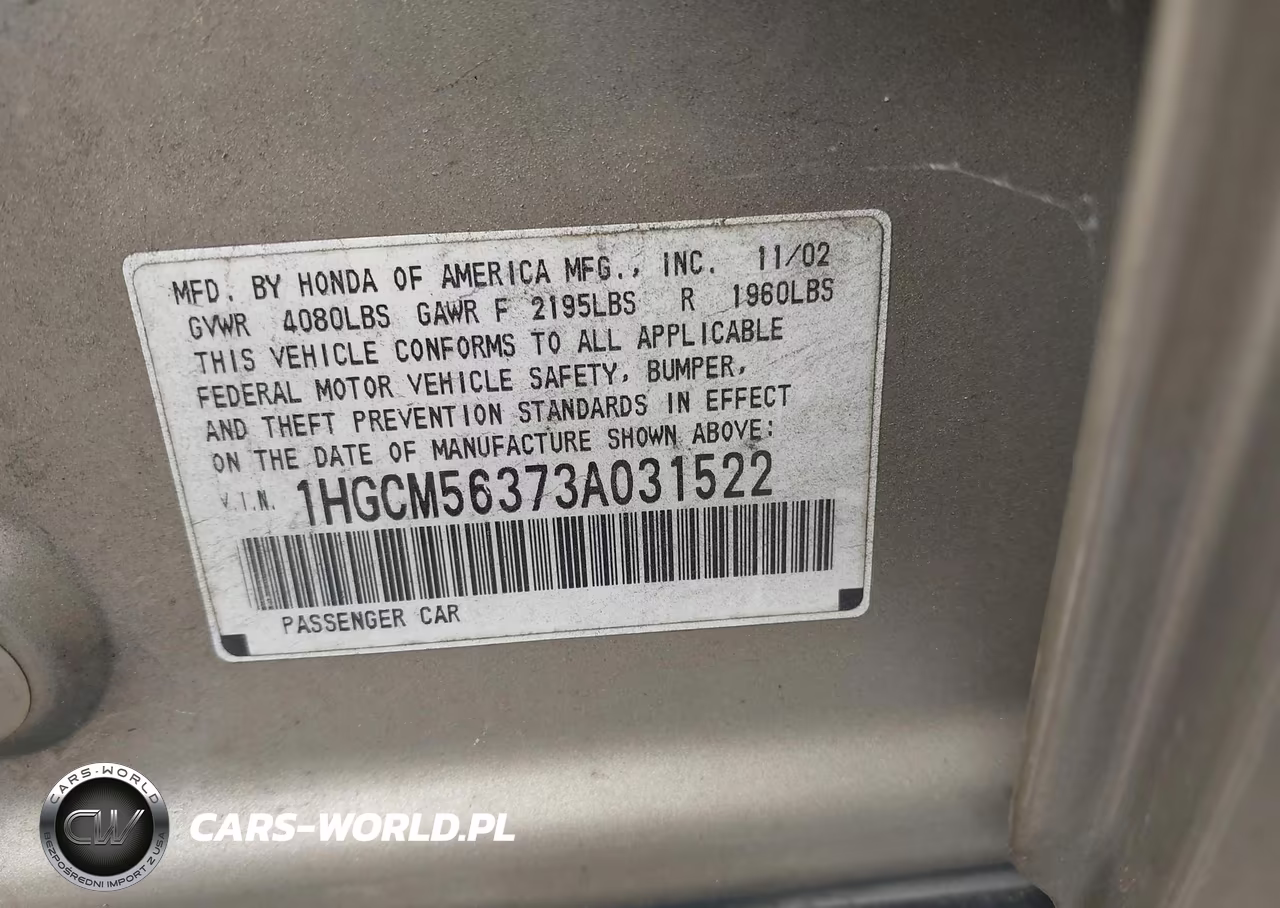 2003 Honda Accord 2.4 Lx VIN:1HGCM56373A031522 - 9