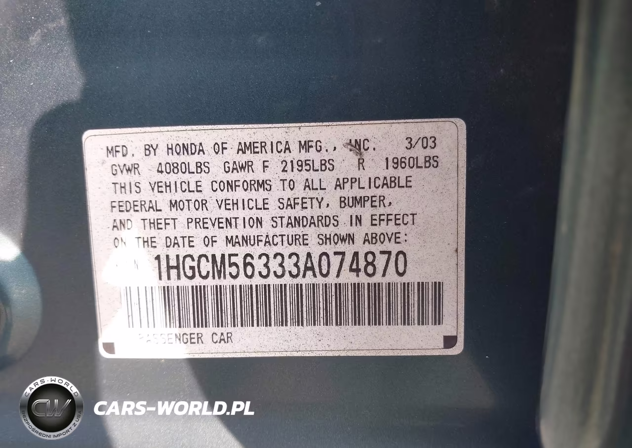 2003 Honda Accord 2.4 Lx VIN:1HGCM56333A074870 - 9