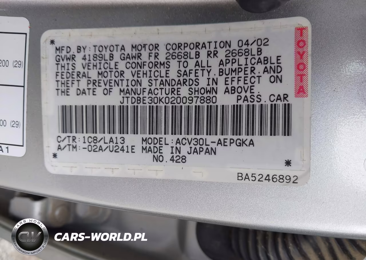 2002 Toyota Camry Xle VIN:JTDBE30K020097880 - 9