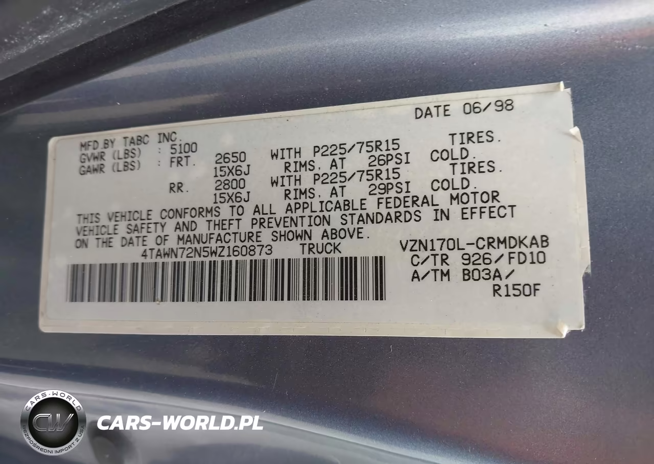 1998 Toyota Tacoma Base V6 VIN:4TAWN72N5WZ160873 - 9