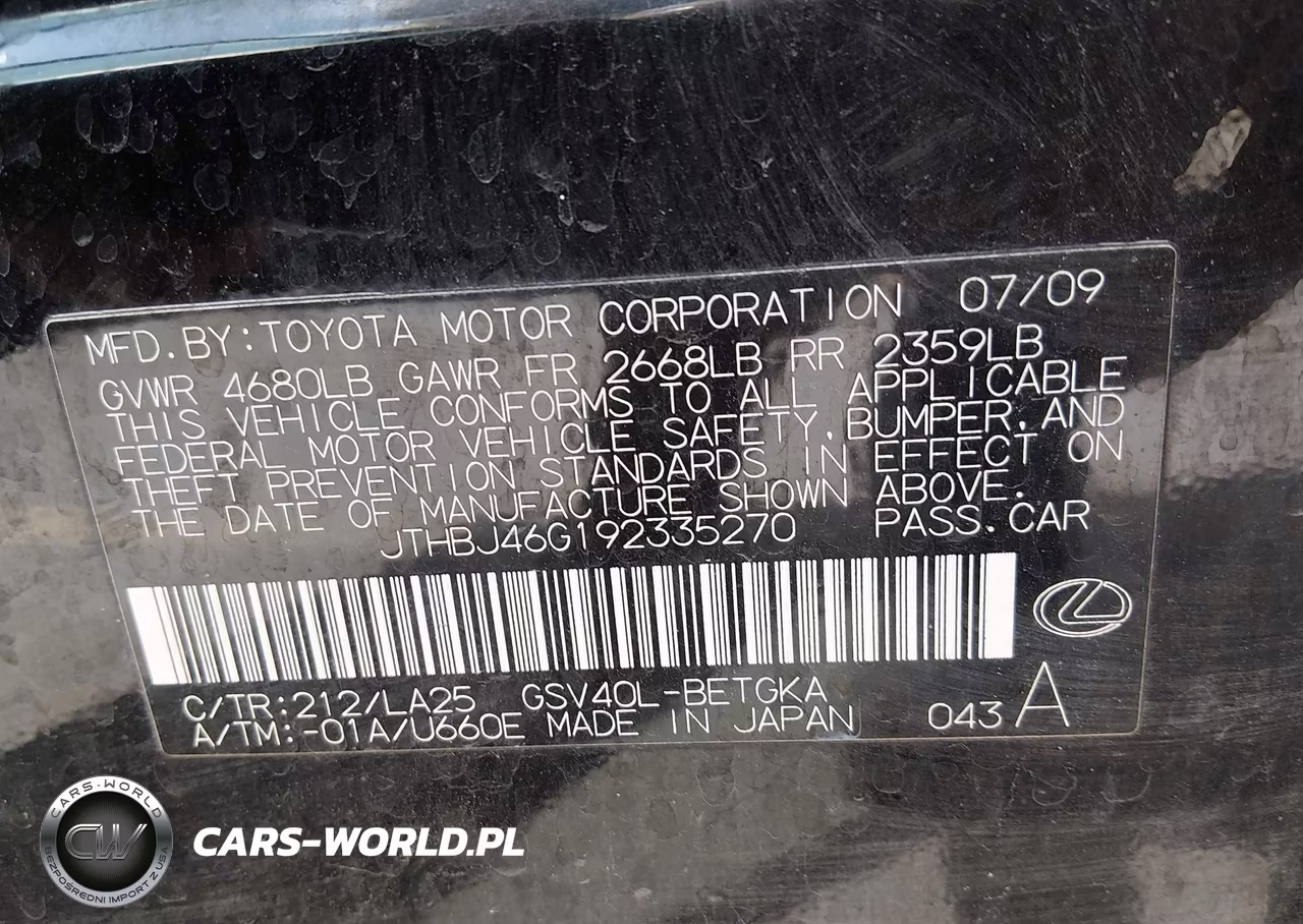 2009 Lexus Es 350 VIN:JTHBJ46G192335270 - 9