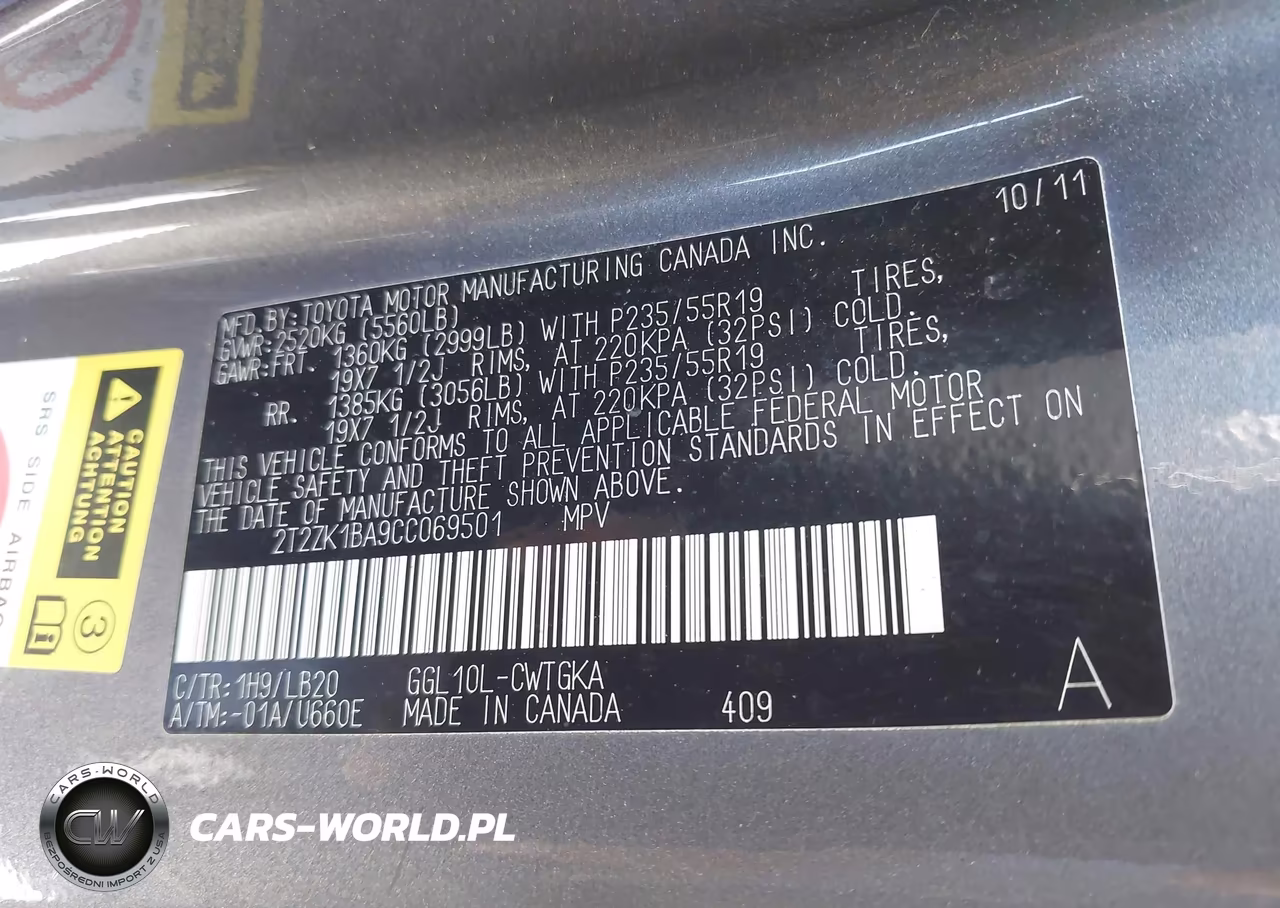 2012 Lexus Rx 350 VIN:2T2ZK1BA9CC069501 - 9