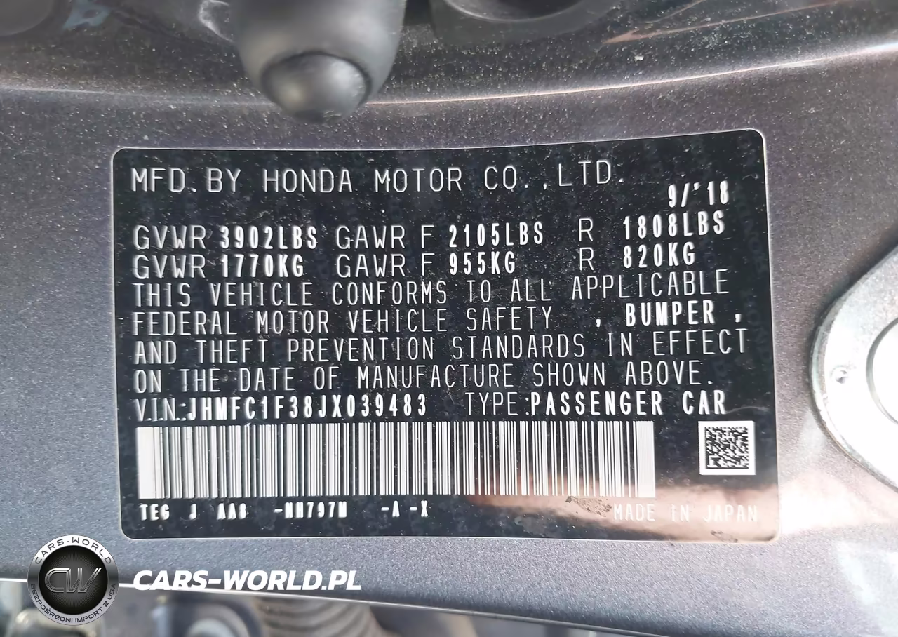 2018 Honda Civic Ex-T VIN:JHMFC1F38JX039483 - 9