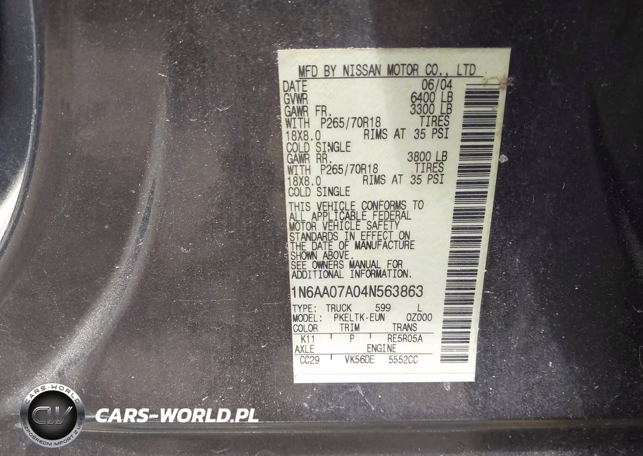 2004 Nissan Titan Se VIN:1N6AA07A04N563863 - 9