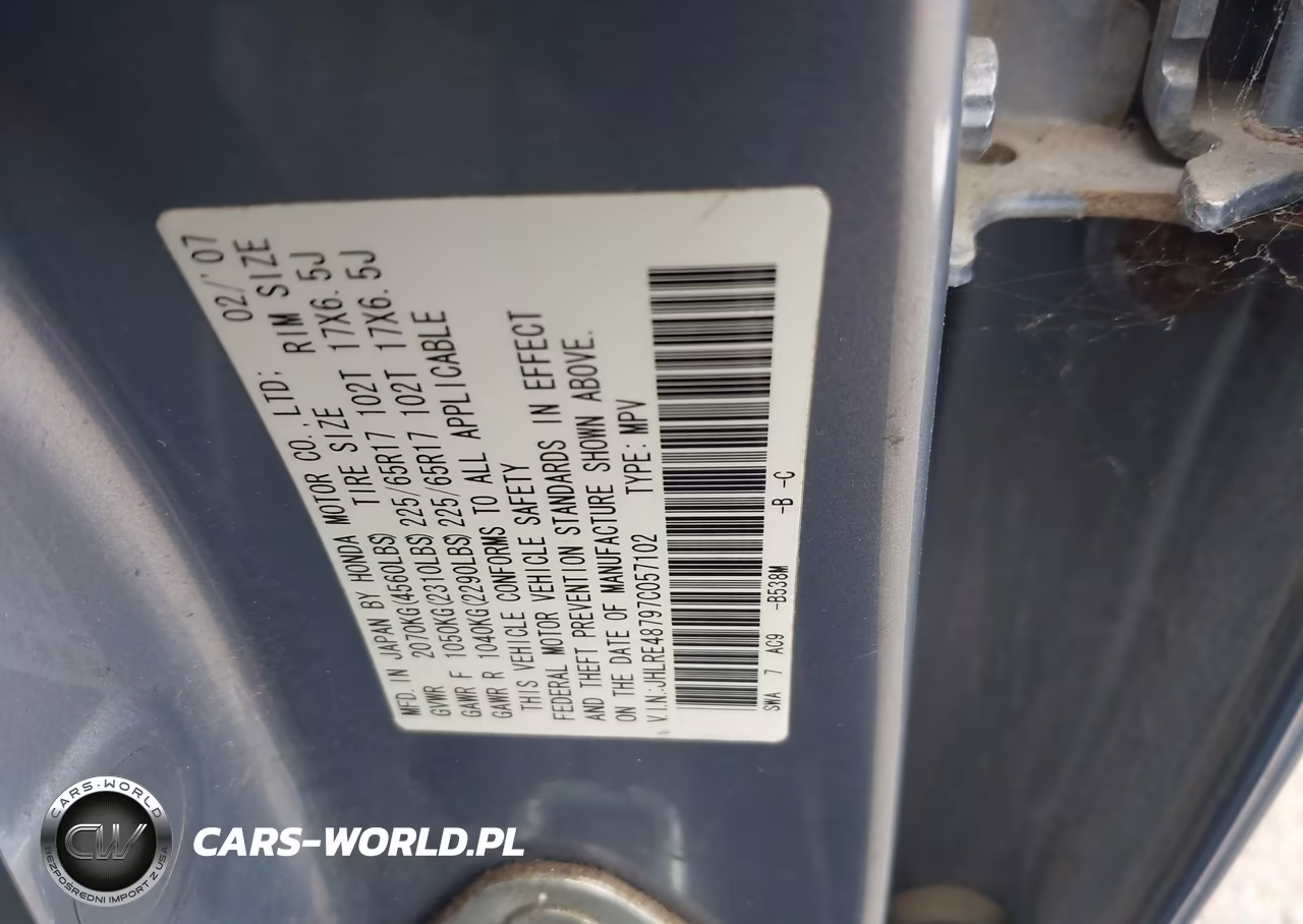 2007 Honda Cr-V Ex-L VIN:JHLRE48797C057102 - 9