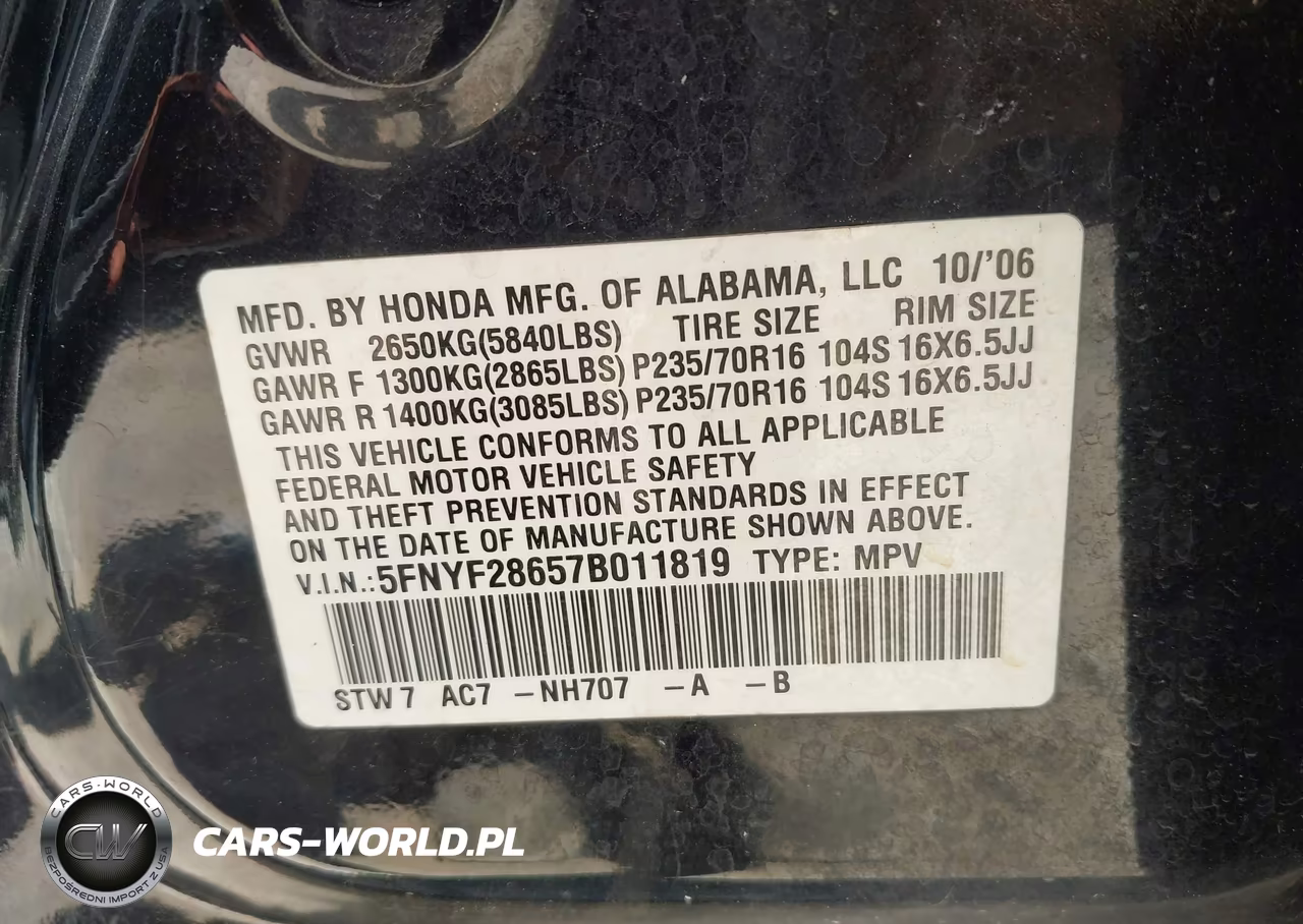 2007 Honda Pilot Ex-L VIN:5FNYF28657B011819 - 9