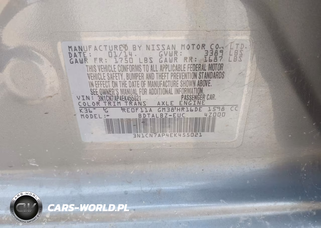 2014 Nissan Versa 1.6 S-1.6 S+-1.6 Sl-1.6 Sv-S VIN:3N1CN7AP4EK455021 - 9