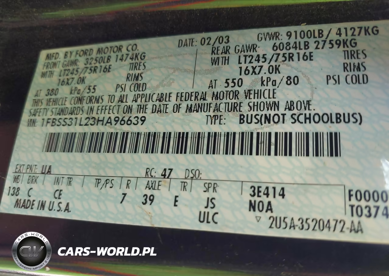 2003 Ford E-350 Super Duty Xl-Xlt VIN:1FBSS31L23HA96639 - 9