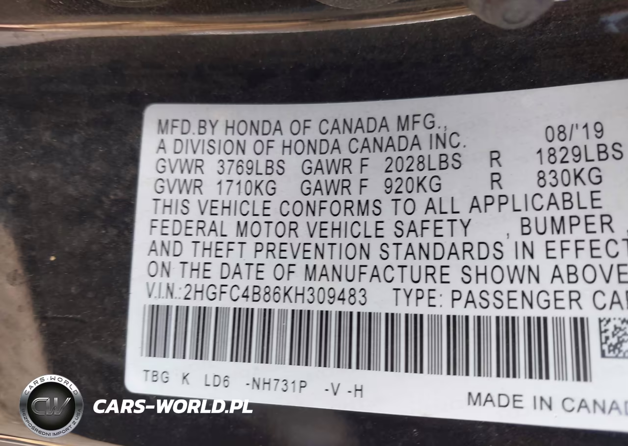2019 Honda Civic Sport VIN:2HGFC4B86KH309483 - 9