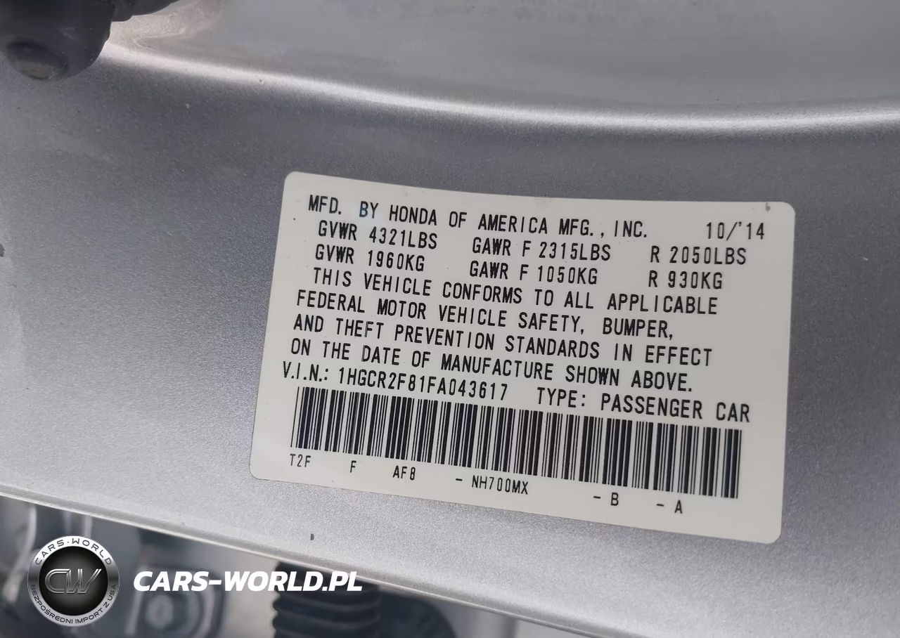 2015 Honda Accord Ex-L VIN:1HGCR2F81FA043617 - 9