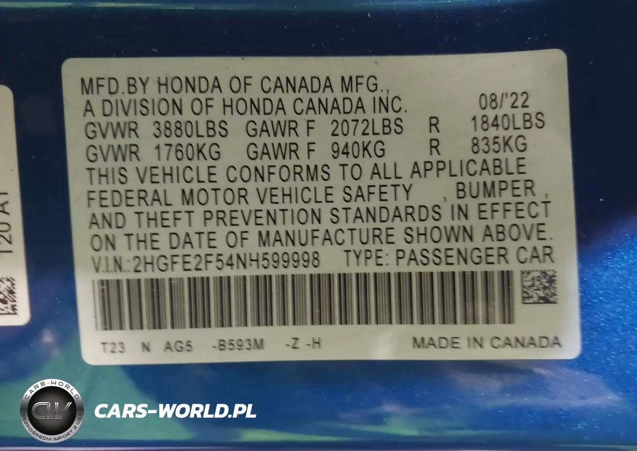 2022 Honda Civic Sport VIN:2HGFE2F54NH599998 - 9
