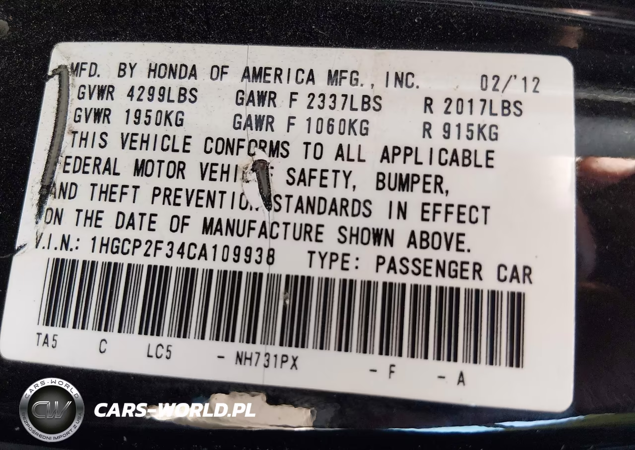 2012 Honda Accord 2.4 Lx VIN:1HGCP2F34CA109938 - 9