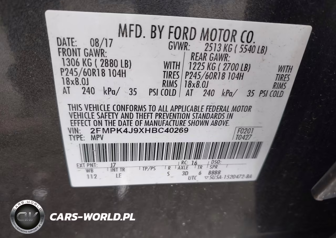 FORD EDGE VIN:2FMPK4J9XHBC40269 - 9