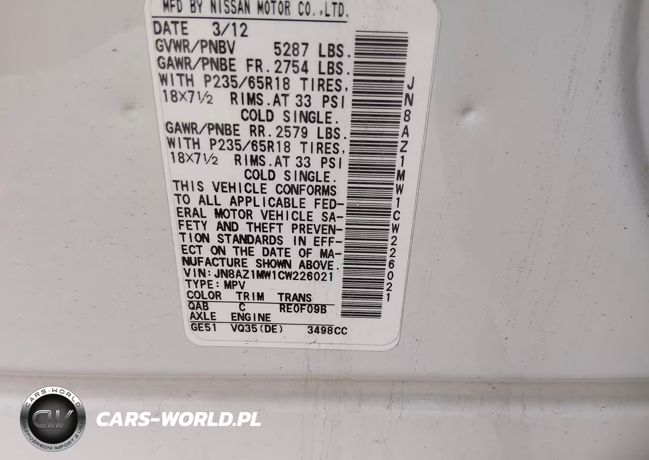 2012 Nissan Murano Sv VIN:JN8AZ1MW1CW226021 - 9