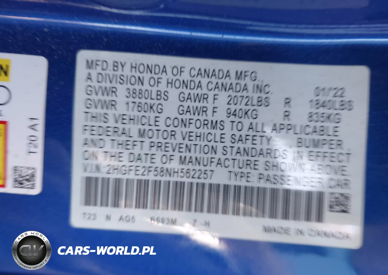 2022 Honda Civic Sport VIN:2HGFE2F58NH562257 - 9